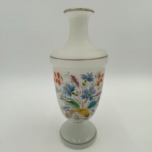 Bristol Glass Vase White Frosted Floral Hand Painted - ANTIQUE